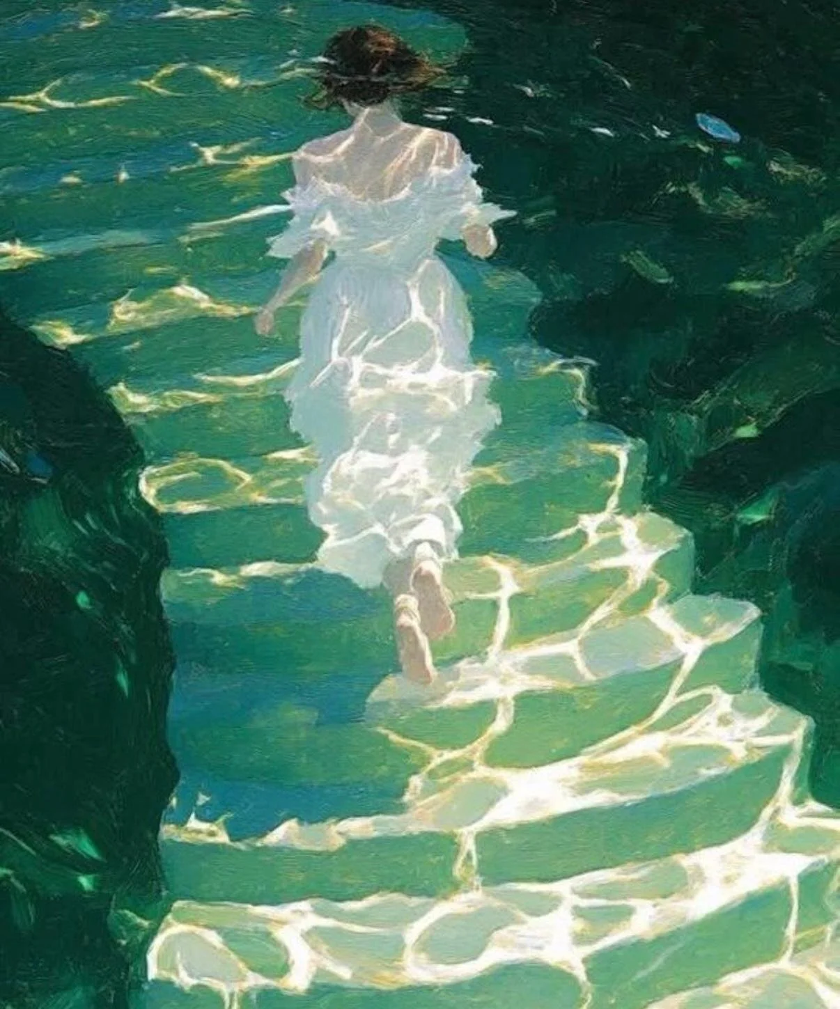 A person in a white dress walking down stone steps into clear green water, with sunlight reflecting on the water's surface.