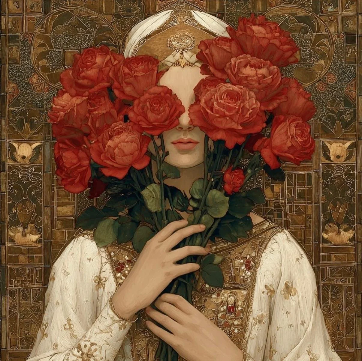 A woman holding a bouquet of red roses covering her face in front of an ornate gold decorative background.