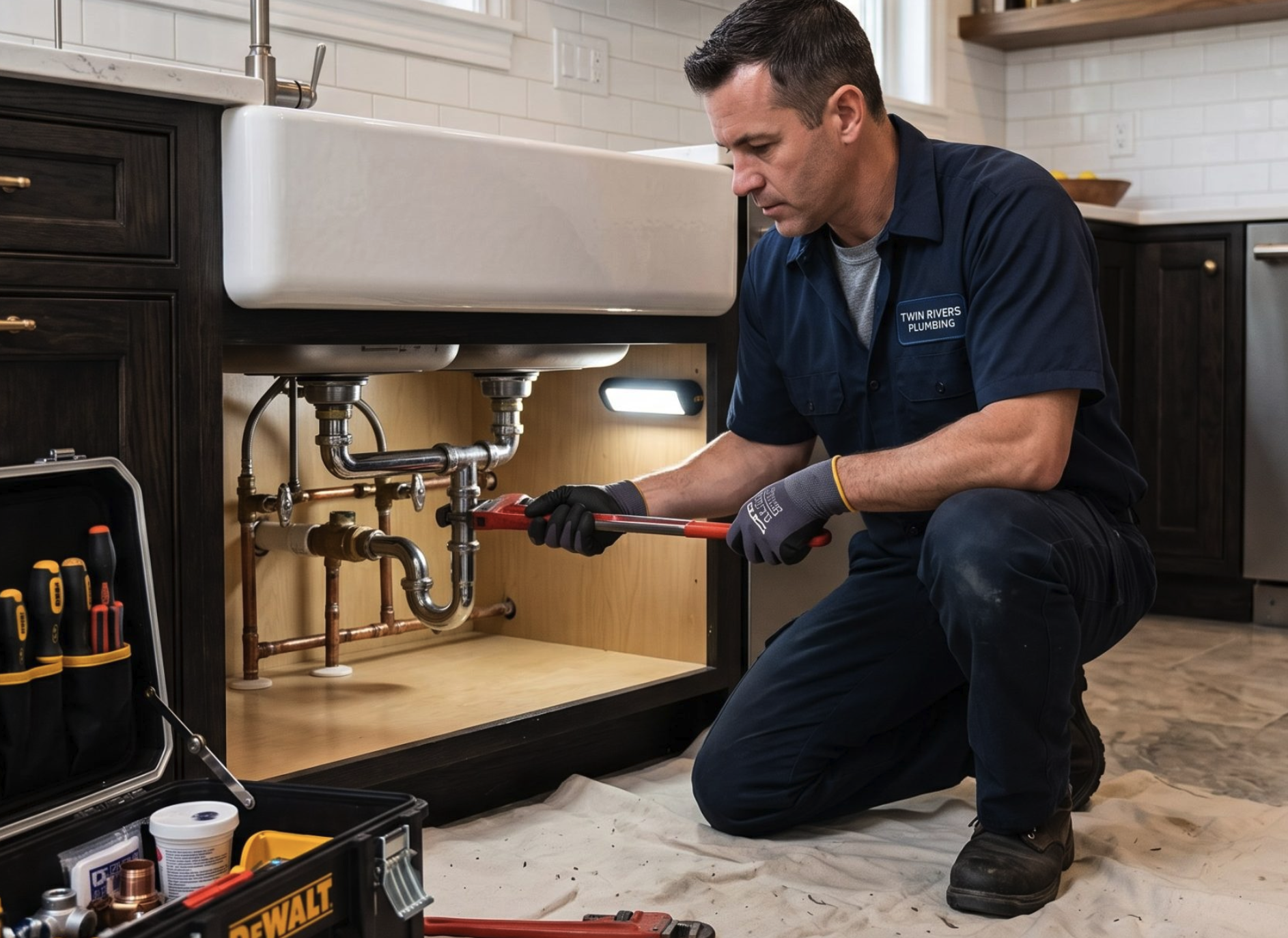 Plumber working under sink with "Twin Rivers Plumbing" on his uniform