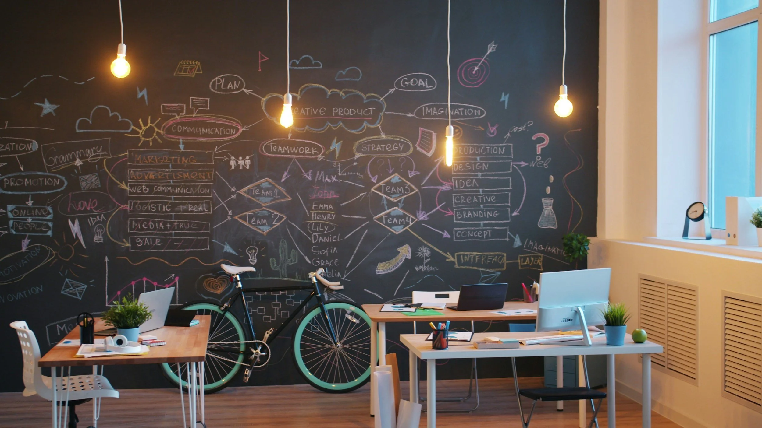 A modern workspace with a large blackboard wall covered in colorful chalk drawings of mind maps, words like 'creative product,' 'communication,' and 'strategy.' There are hanging light bulbs, a bicycle, potted plants, desks with computers, and chairs in the room, which has a window letting in natural light.