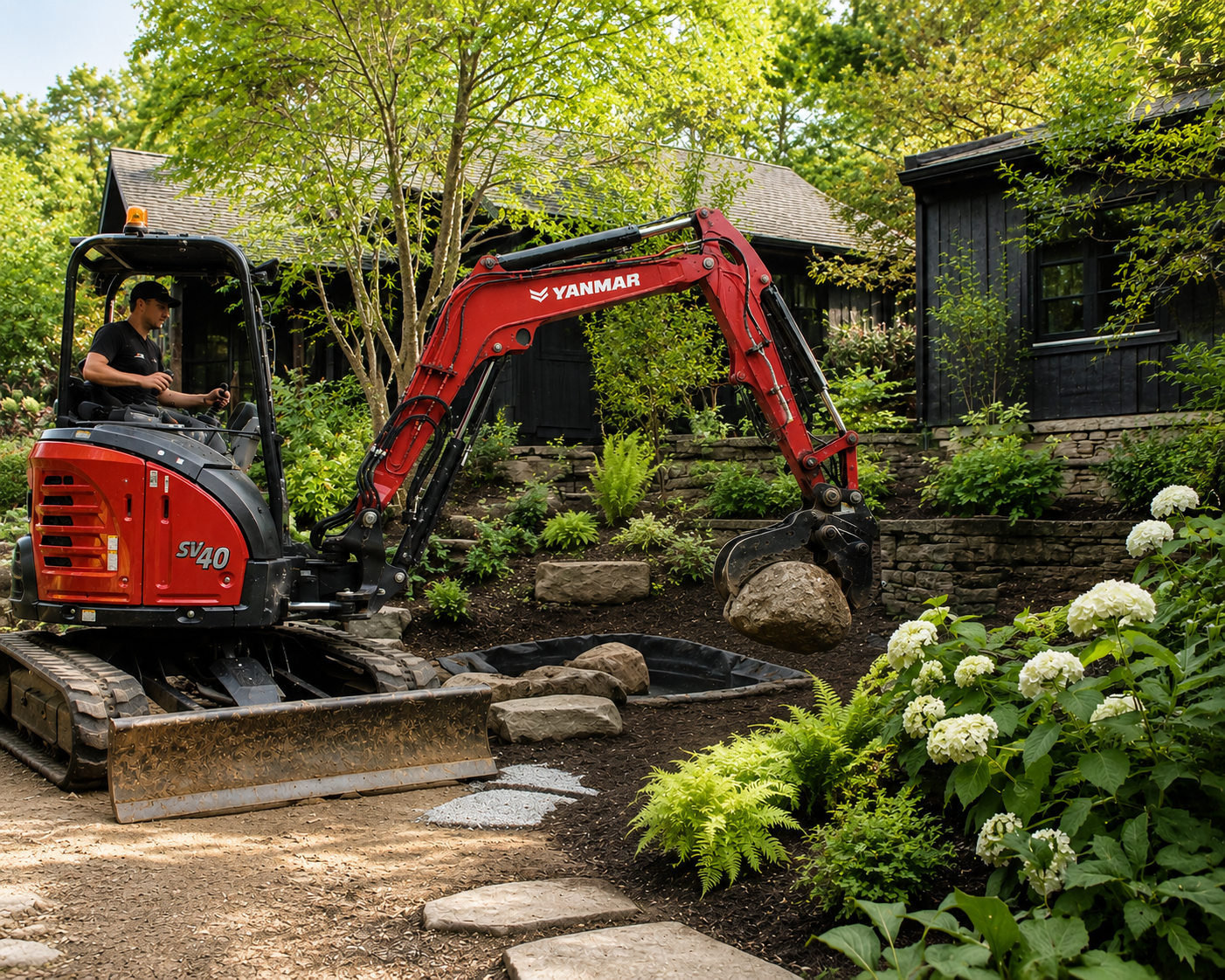 A person operating a red mini excavator with the brand name 'Yanmar' outdoors in a garden with lush green plants and white hydrangea flowers, nearby a dark wooden house.