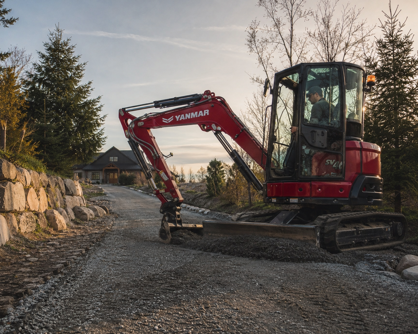 A person operating a Yanmar mini excavator on a gravel driveway, with a house and trees in the background during sunset.