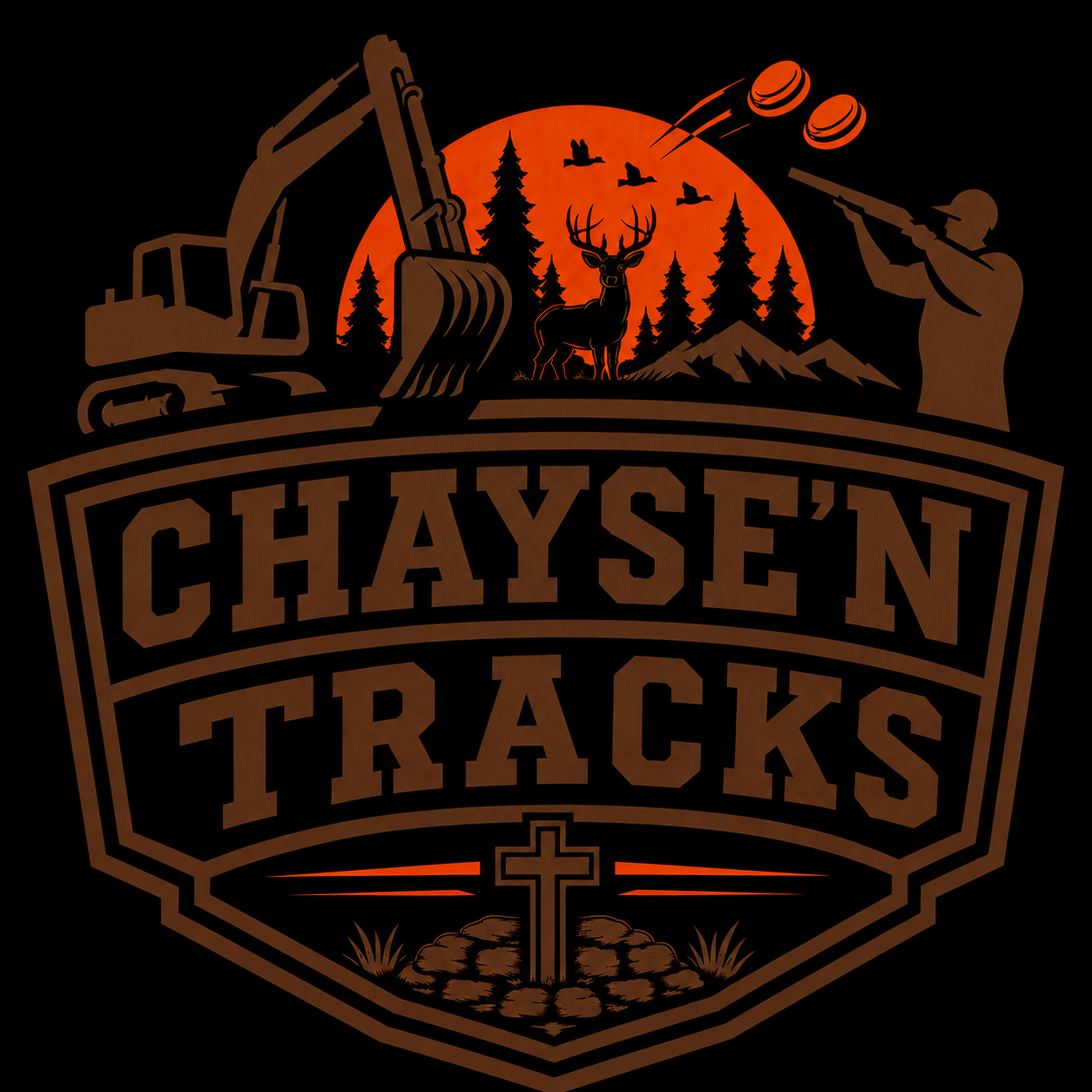 Logo with forest scene, deer, mountains, sun, birds, and hunter, with the text 'Chaysen Tracks' and a cross at the bottom.