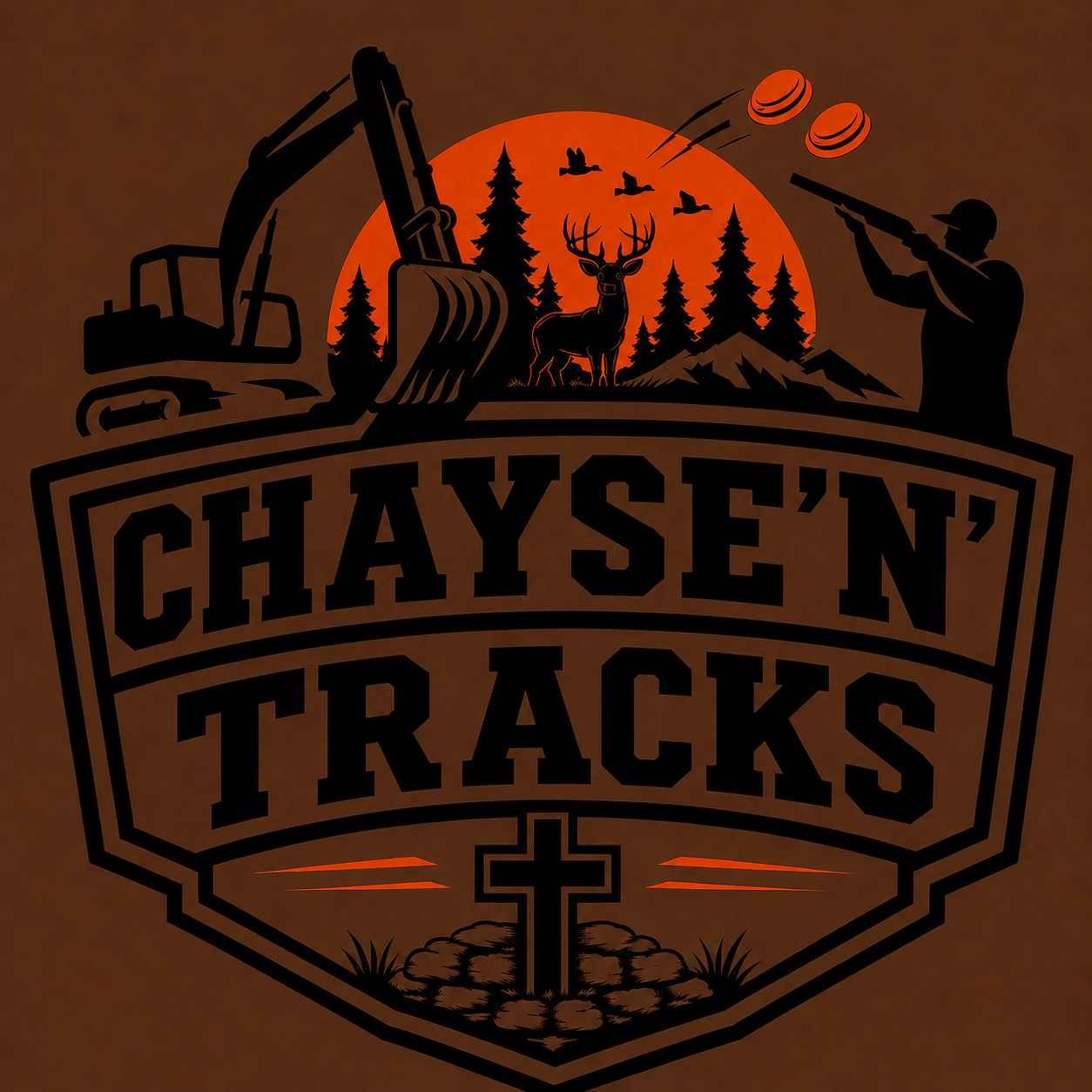 Silhouette of a construction excavator, a forest with pine trees, a deer, flying birds, mountains, a hunter with a rifle, a setting sun, two falling coins, and a cross with rocks and grass underneath, with the text 'Chayse'n Tracks'.