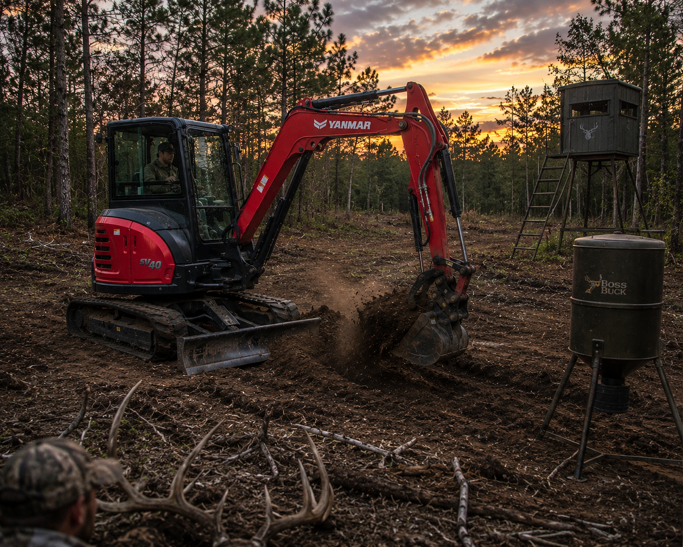 A person operating a red Yanmar mini excavator digging soil in a forested area during sunset.