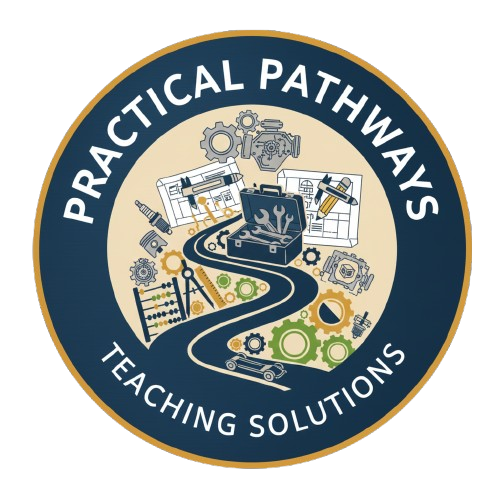 Logo for Practical Pathways Teaching Solutions featuring a gear, a toolbox, a road, and engineering tools inside a circular design.