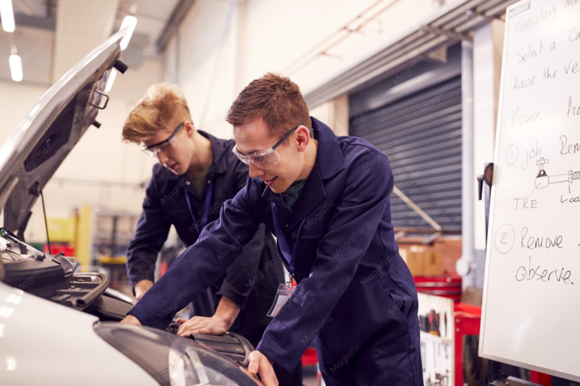 Two male students working on a car engine in a workshop.