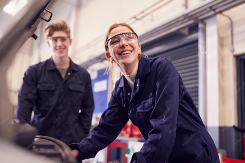 Two students in safety glasses and dark coveralls working in a workshop with a smiling female in the foreground and a smiling male in the background.