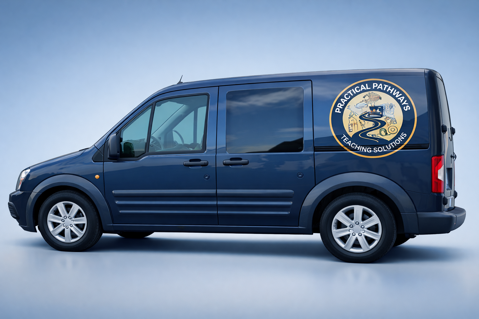 Blue cargo van with logo reading 'Practical Pathways Teaching Solutions' on side, showing roads, books, and educational symbols.