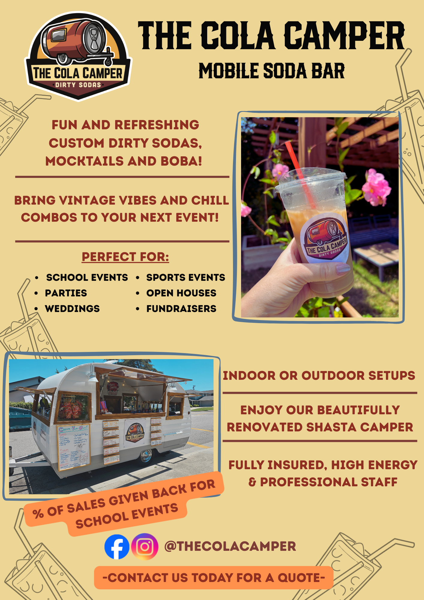 Flyer for The Cola Camper, a mobile soda bar offering custom dirty sodas, mocktails, and boba. The flyer features a logo with a vintage camper and drinks, a photo of the mobile soda cart, and text highlighting services, event types, and contact information.