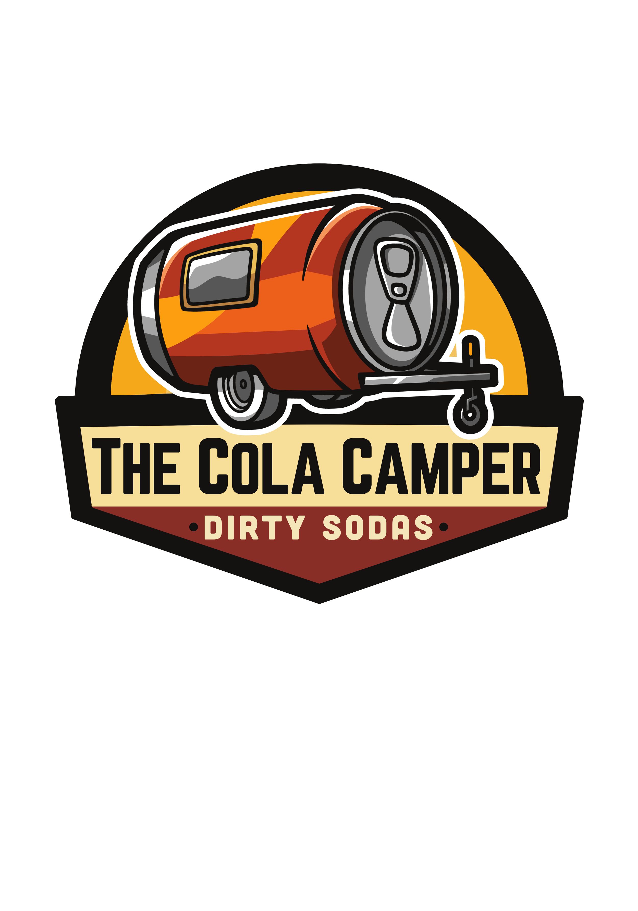 A logo for 'The Cola Camper' with a cartoon-style illustration of a small red camper truck on a background with orange and yellow hues, and the text 'Dirty Sodas' at the bottom.