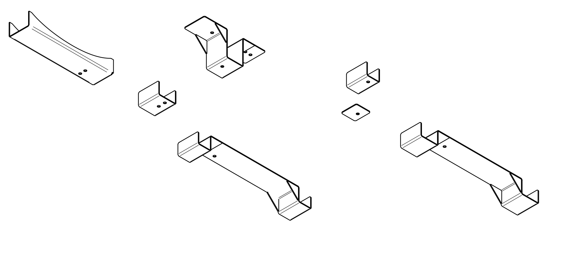 Isometric drawing of metal brackets and clips for assembly.