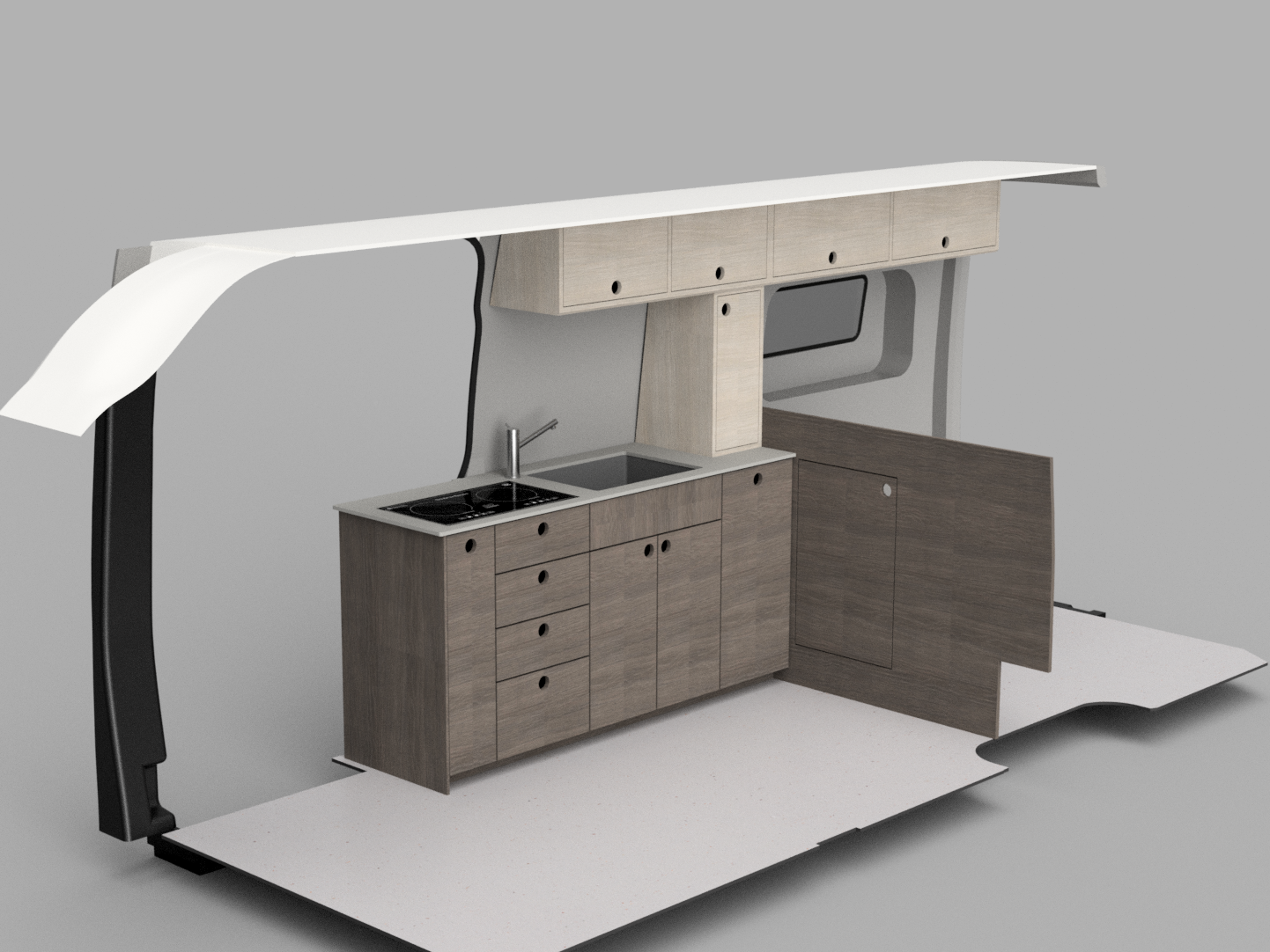 A kitchen interior with wood cabinetry, a sink, and a stove, partially enclosed by a curved white counter and a dark vertical post, set against a plain gray background.