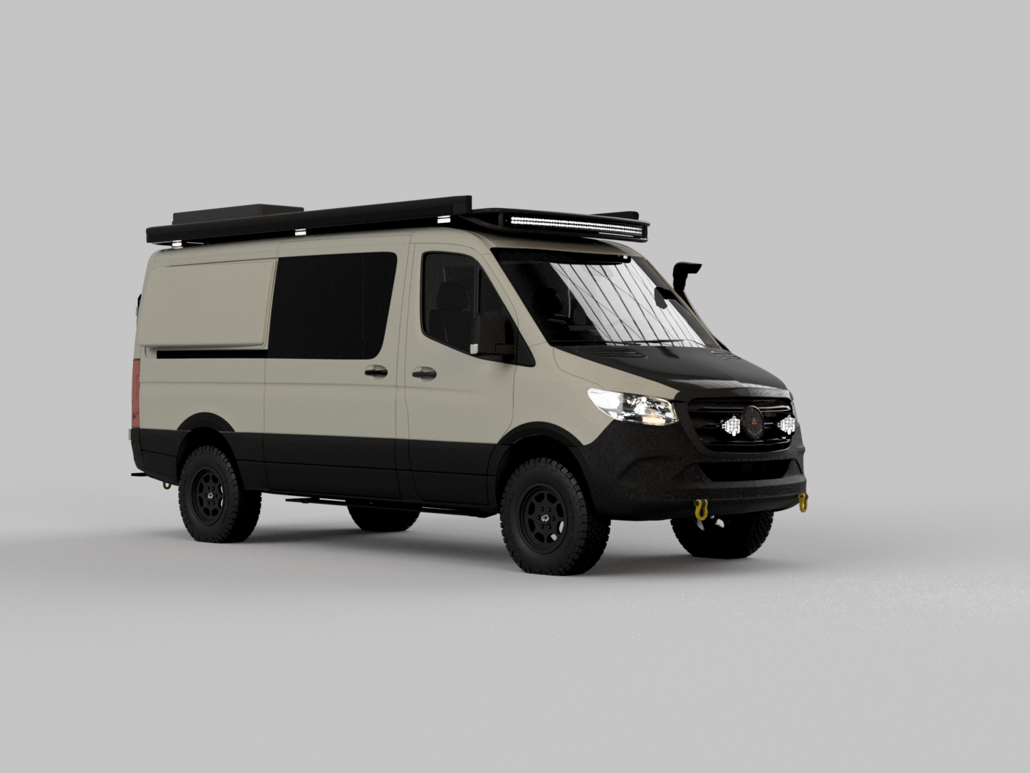 A beige camper van with black accents, roof-mounted equipment, and off-road tires, set against a plain gray background.