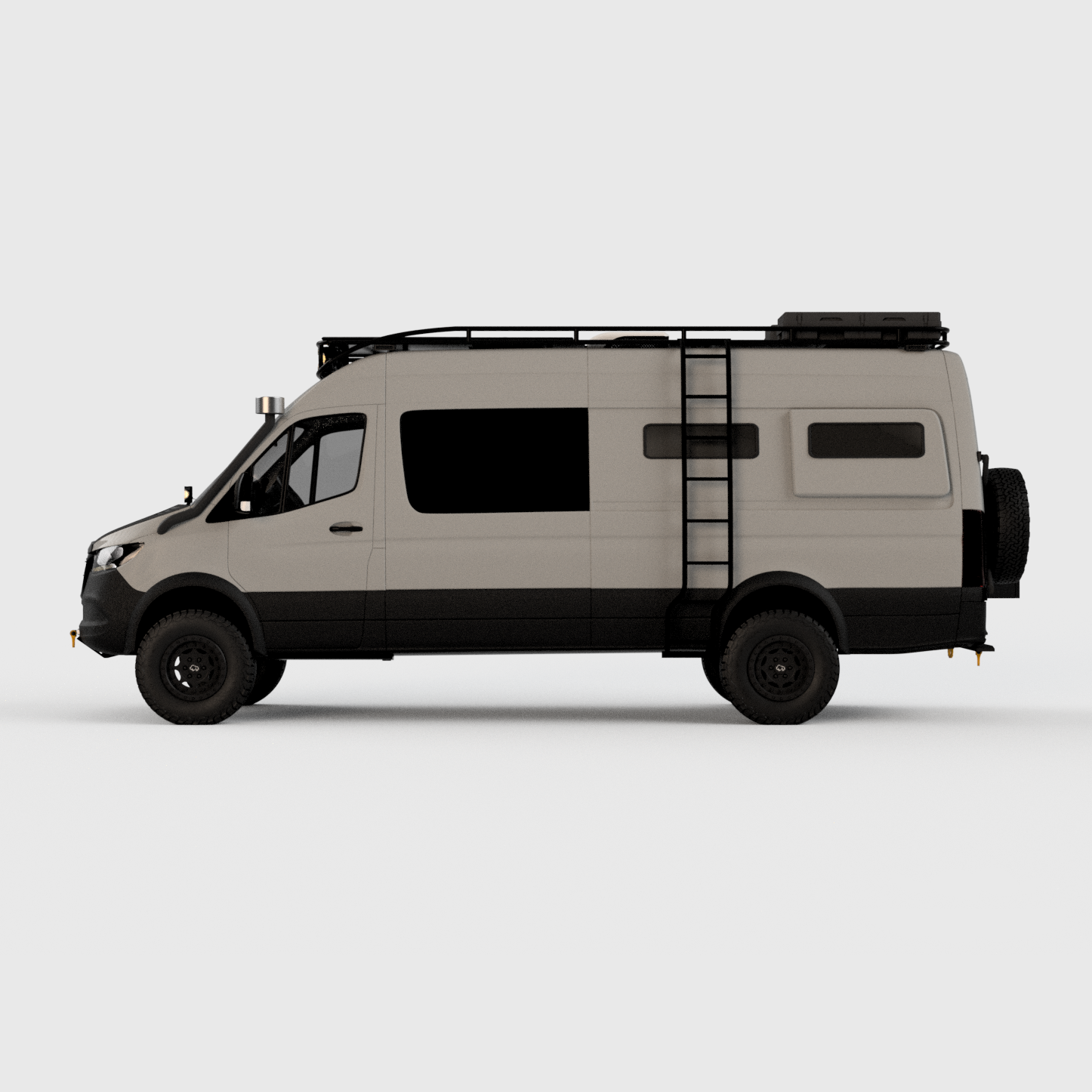 A white camper van with black wheels, a ladder on the side, and a roof rack, on a plain light gray background.
