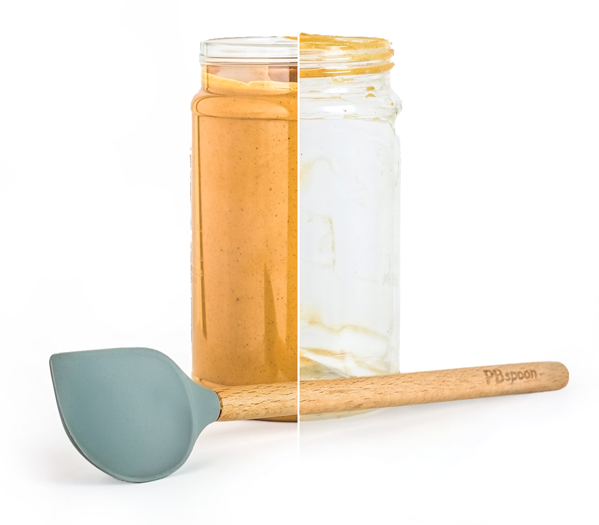 Half-filled jar of peanut butter, empty jar of jelly, and a wooden spatula with a gray silicone head on a white background.