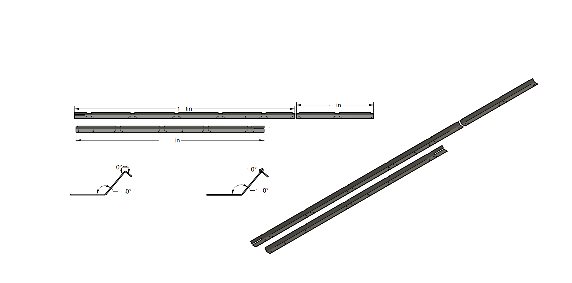 Technical drawing of elongated metal tracks with measurements and angle diagrams, showing assembly details and installation angles.