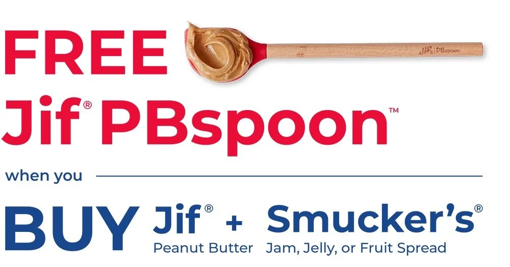 An advertisement offering a free Jif PB spoon when purchasing Jif peanut butter and Smucker's jam, jelly, or fruit spread. The image shows a wooden spoon with peanut butter on it and promotional text in red and blue.