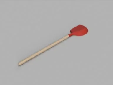 A small black and red silicone spoon with a wooden handle on a gray background.