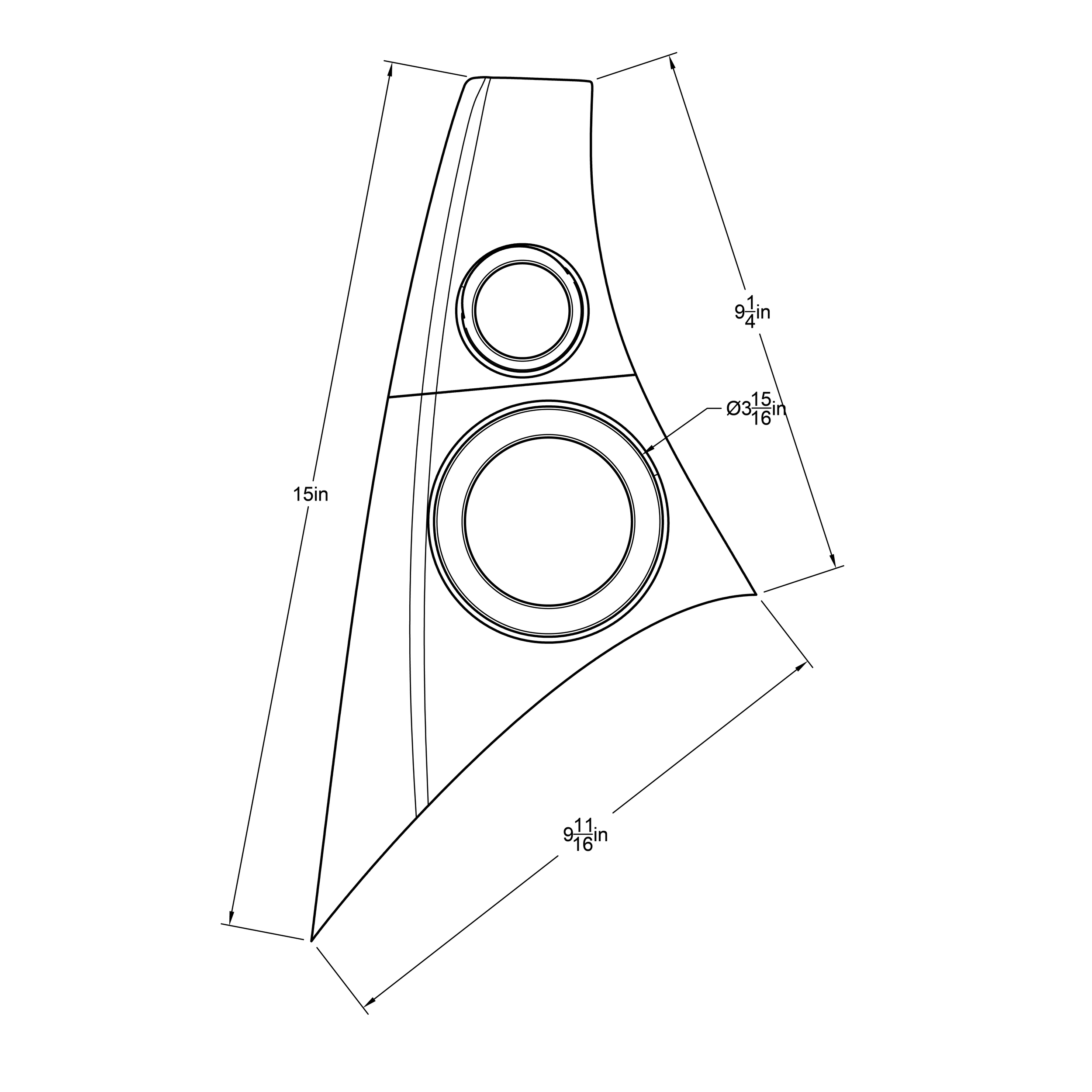 Technical drawing of a speaker with measurements in inches, including height, width, and diameter of speaker holes.