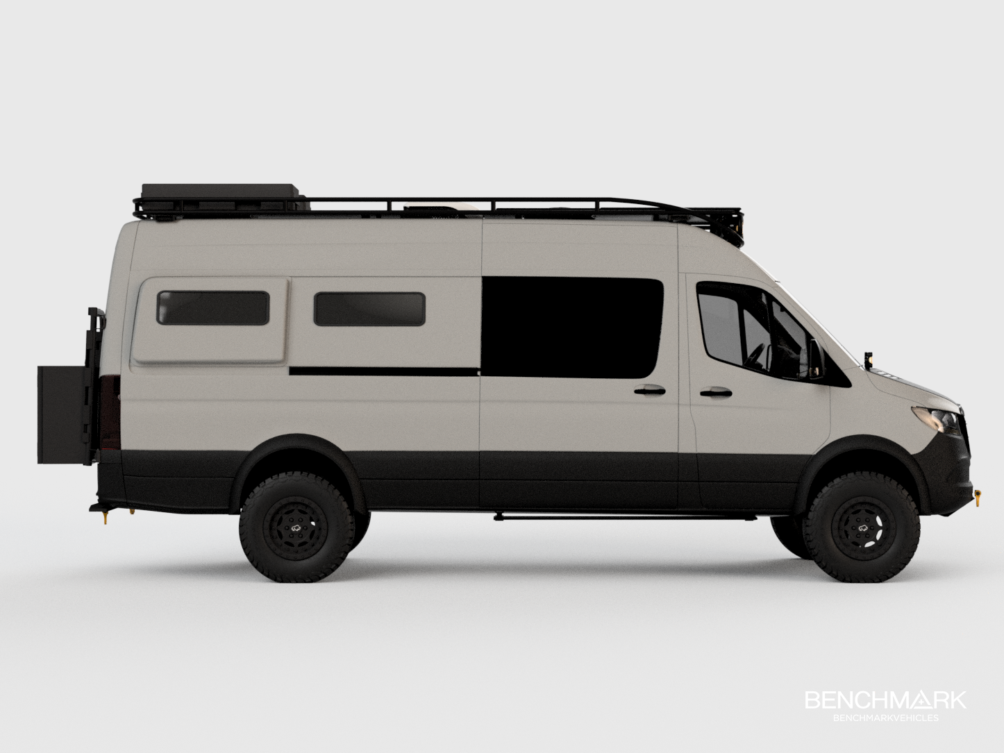 A white camper van with black accents, featuring windows, a roof rack, and rugged tires, positioned against a plain white background.