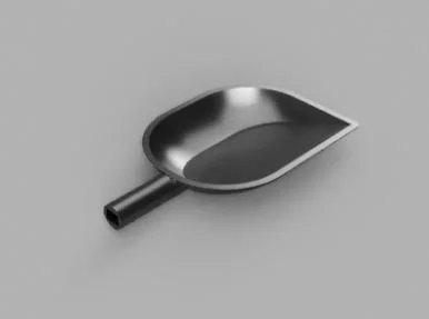 Metal scoop with a black handle on a gray background.