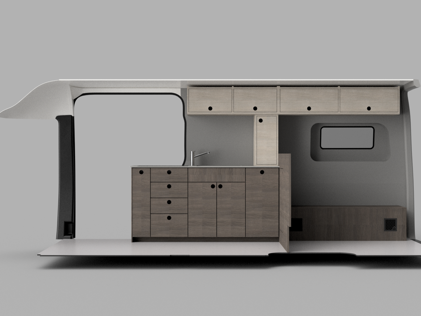 Cross-section of a modern van with a kitchenette, overhead cabinets, and a small seating area.