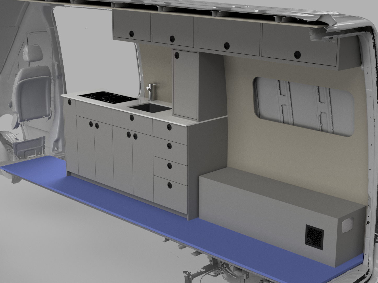 Interior view of a camper van with a compact kitchen area featuring a stove, sink, and storage cabinets, with part of the van's wall and window visible.
