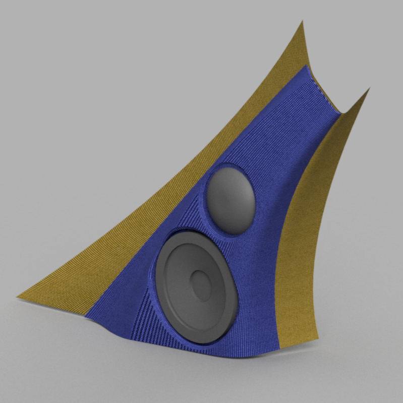 A modern speaker with a blue and gold design, featuring two speaker components on a gray background.