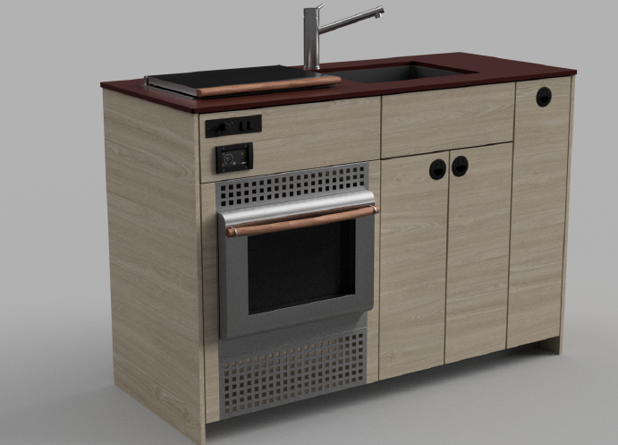 A compact kitchen unit with a built-in oven, small sink, and storage cabinets, featuring a dark red countertop and modern hardware.