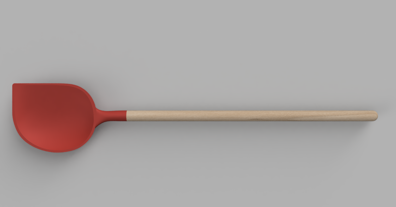 A red and wooden spoon lying horizontally on a gray background.