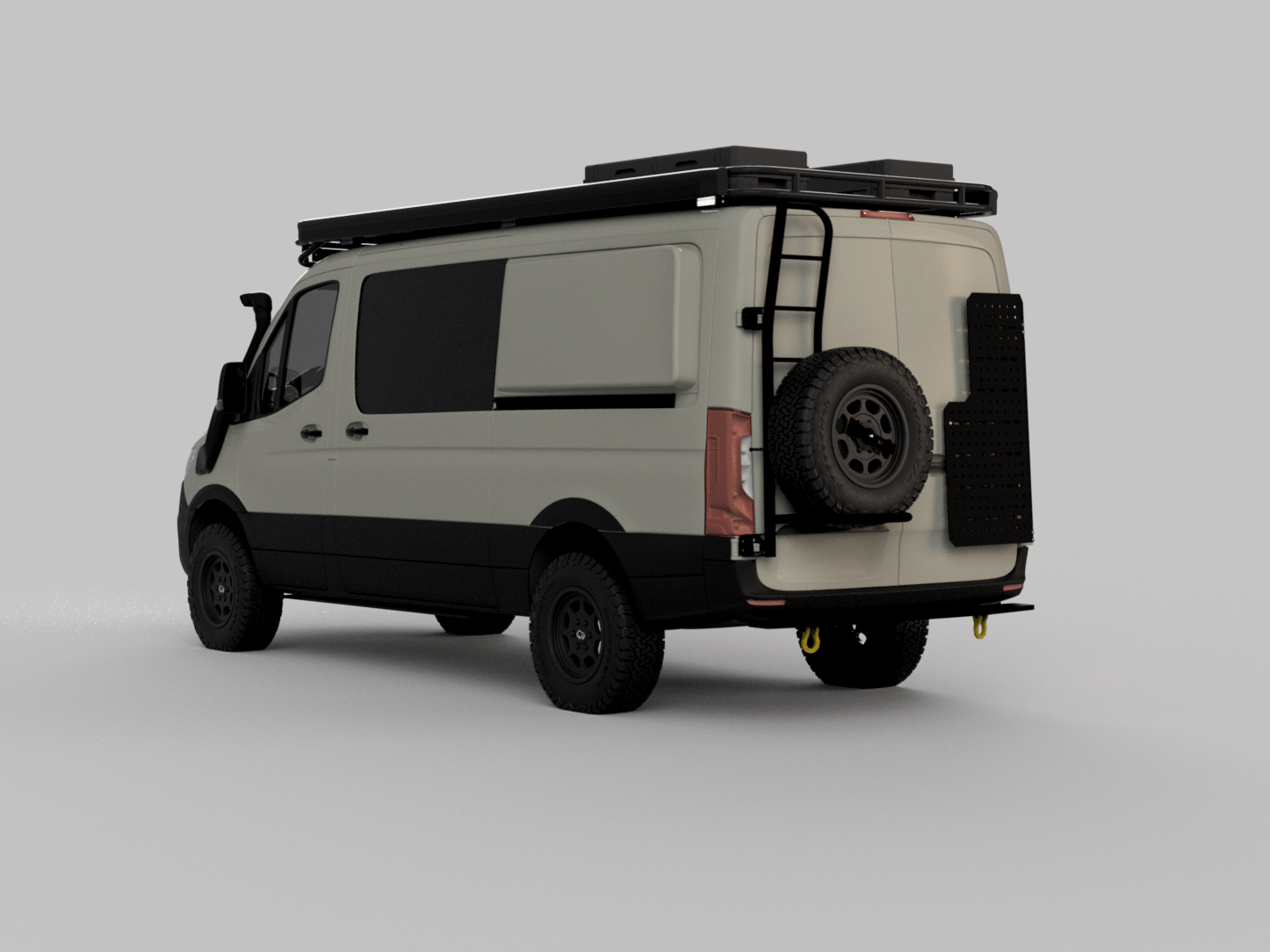 A white van with black details, roof storage, spare tire, and equipment attached to the back, isolated on a plain background.