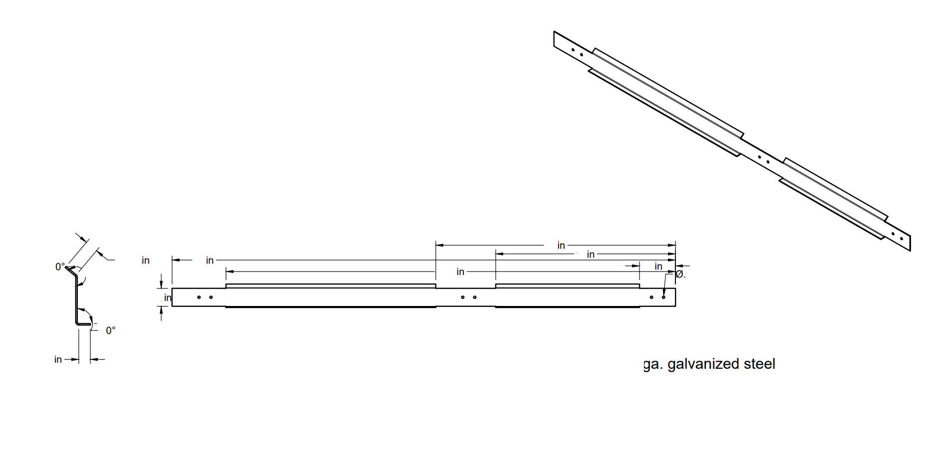 Technical drawing of a galvanized steel component with measurements and angles, shown from multiple perspectives.