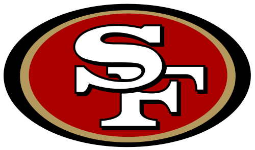 San Francisco 49ers logo with a red oval background, white letters, and a gold and black border.
