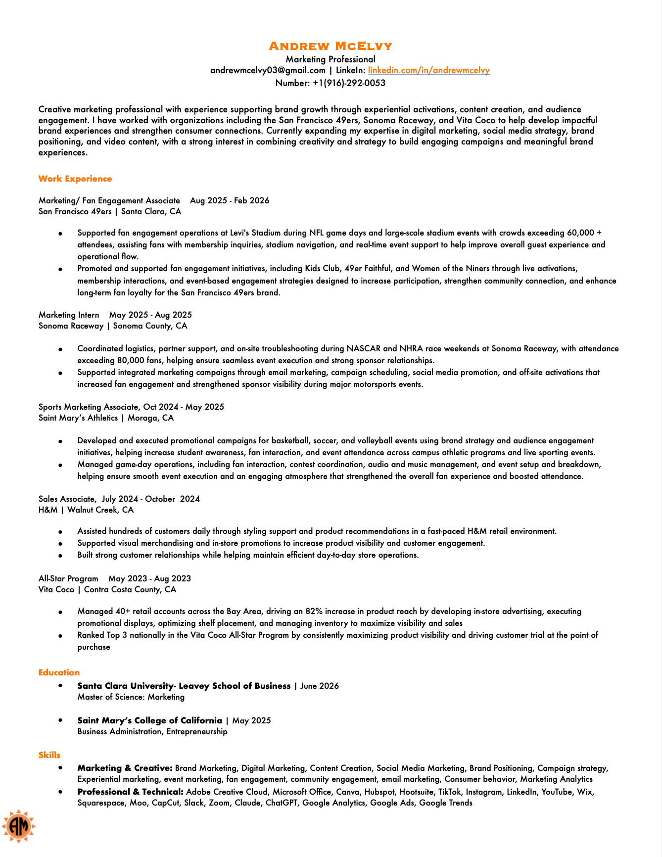 A professional resume belonging to Andrew McElvy, a marketing professional, detailing his experience, education, skills, and contact information.