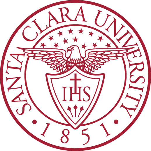 Seal of Santa Clara University featuring a shield with a cross and IHS symbol, a dove with outstretched wings, and surrounded by the university's name and founding year 1851.