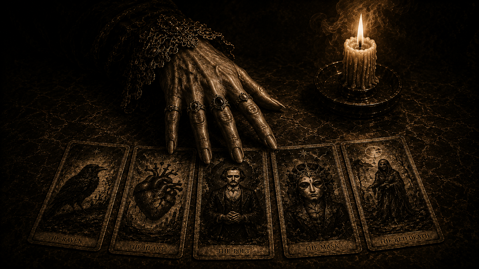 A black and gold tarot card spread on a dark surface, with a hand covered in jewelry pointing to 'The Poet' card. To the side, a lit candle in a holder casts a warm glow, creating a mystical atmosphere.