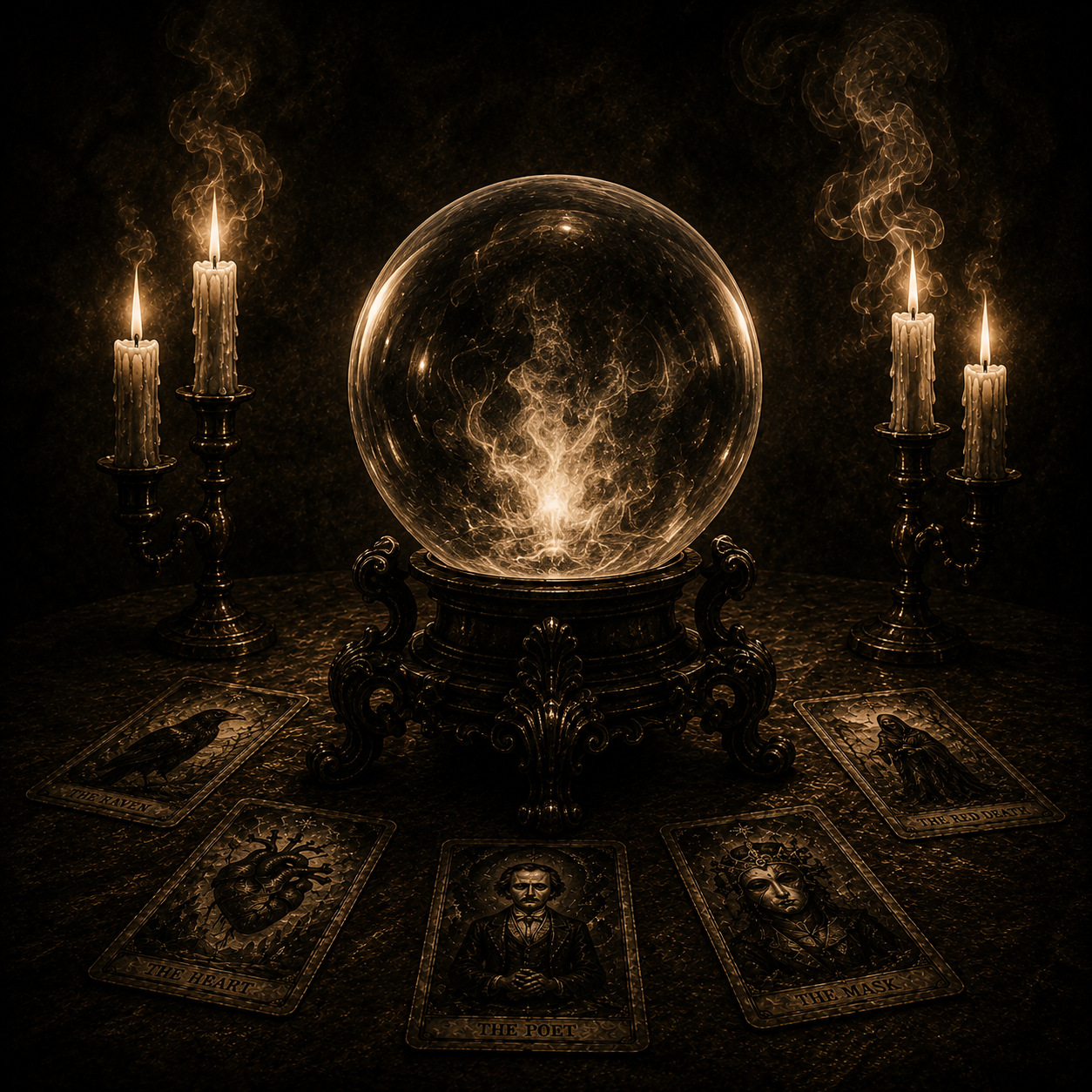 A magical scene with a crystal ball emitting electric sparks, flanked by four lit candles on ornate candlesticks, and tarot cards titled "The Raven," "The Heart," "The Poet," "The Mask," and "The Red Death" arranged around a dark table.