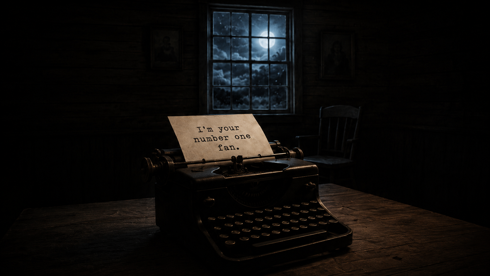 A vintage typewriter on a wooden table in a dimly lit room with a window showing a full moon and cloudy night sky outside. A paper with the text 'I'm your number one fan.' is on the typewriter.