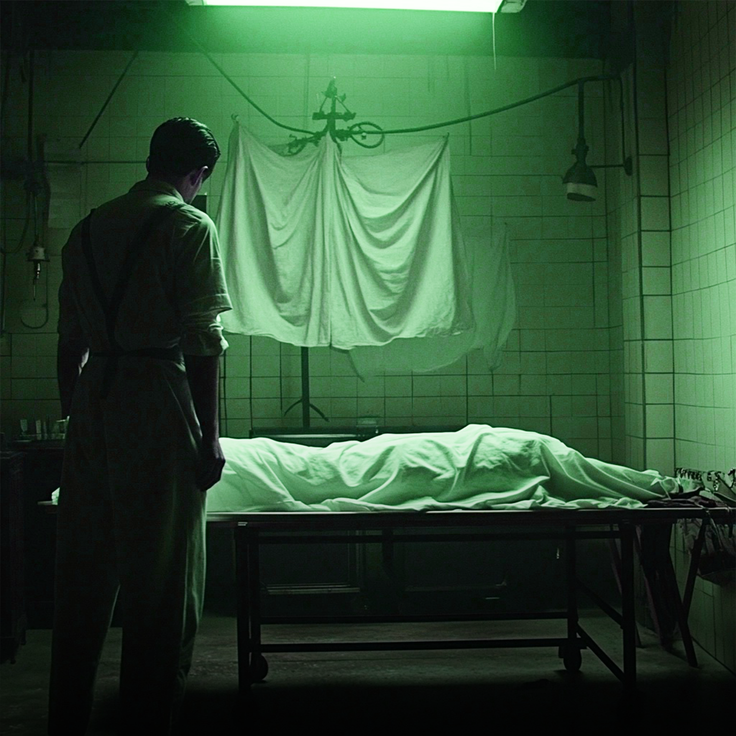 A person in glasses and a green shirt stands in a dimly lit room with green lighting, looking towards a hospital bed covered with white sheets. The bed is behind a white curtain and there are medical devices and pipes along the walls.