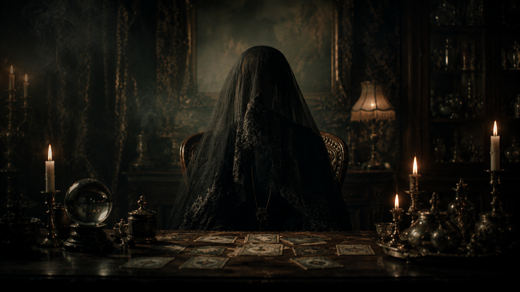 A woman in a dark, lace dress with a black veil sitting at a wooden table in a dimly lit room, surrounded by lit candles, with tarot cards spread out in front of her.