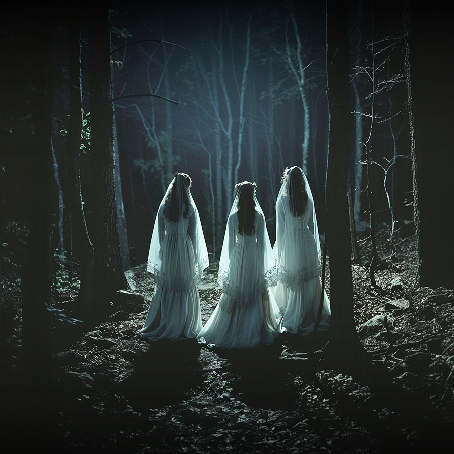 Three women in white dresses and veils standing in a dark forest at night.