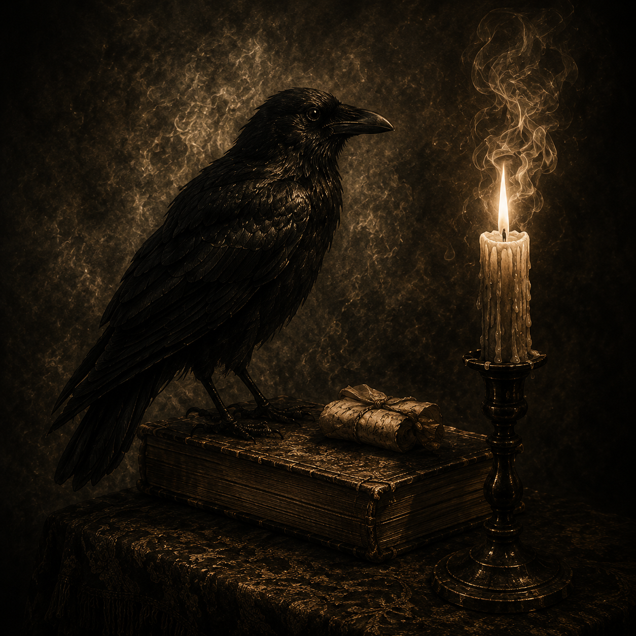 A black raven perched on an old book next to a lit candle with melting wax and smoke, on a dark textured background.