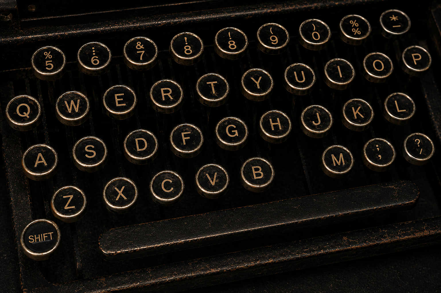 Close-up of a vintage typewriter with black keys and white letters and symbols.