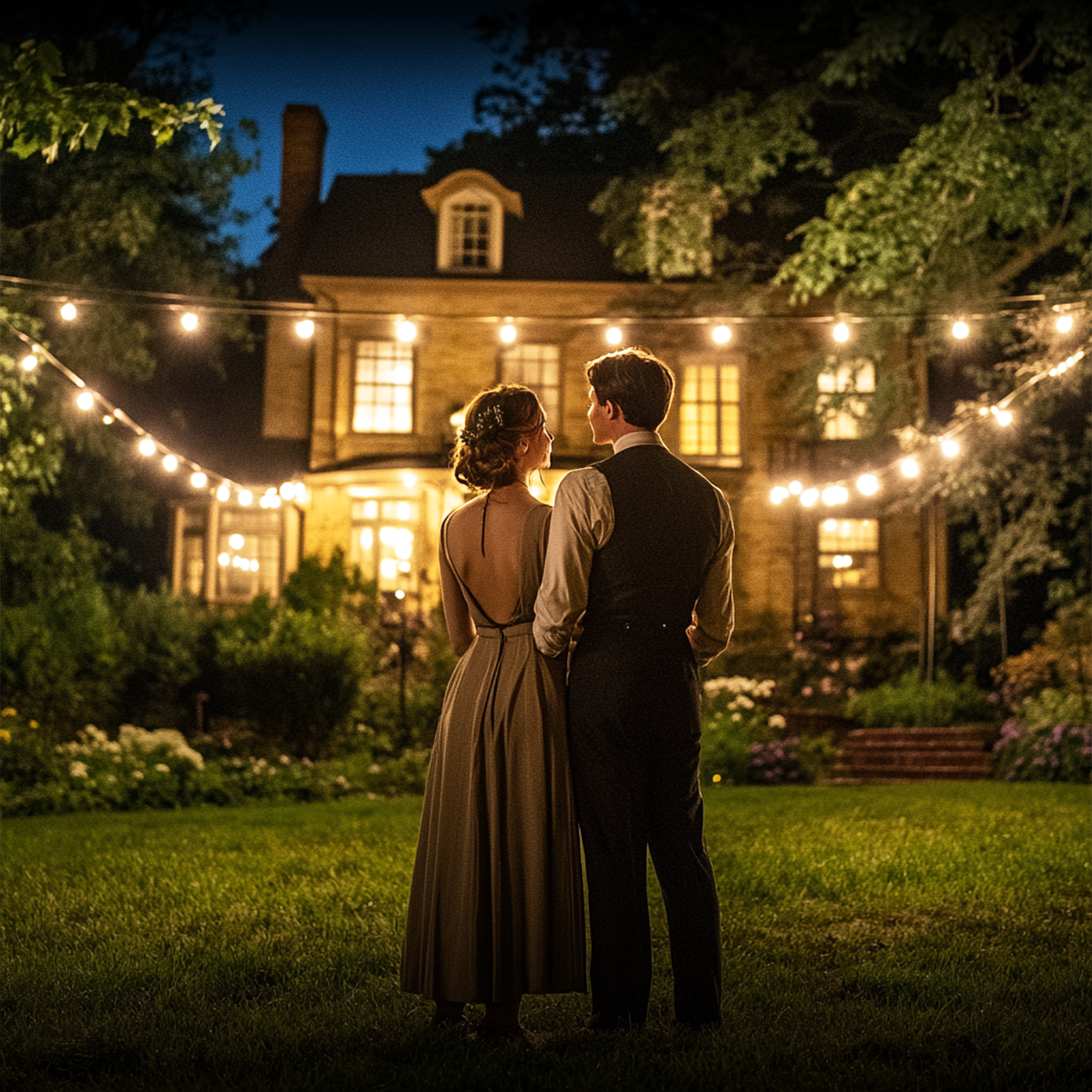 A bride and groom standing close together outdoors during evening, illuminated by string lights, with a house and trees in the background.