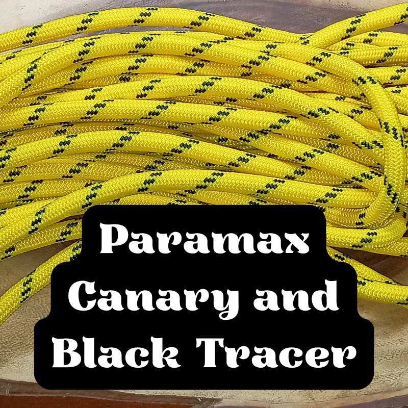 Close-up of yellow climbing rope with black and yellow tracers, labeled as Parmax Canary and Black Tracer.