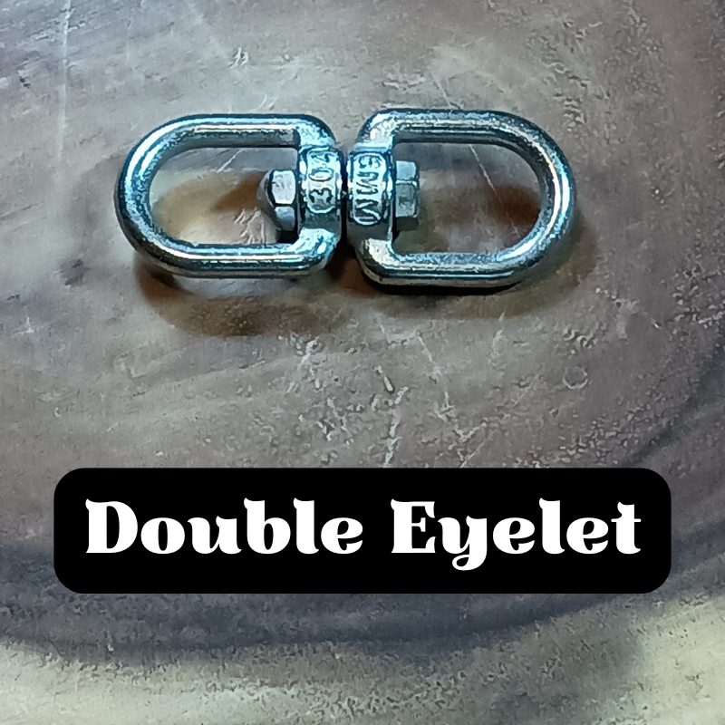 A metal double eyelet fitting with two D-shaped rings connected by a bolt, labeled 'Double Eyelet' in bold text