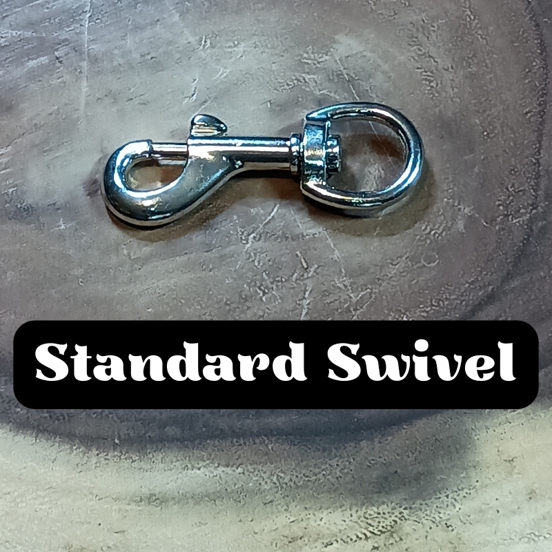 A metal swivel hook on a wooden surface with the text 'Standard Swivel' below it.