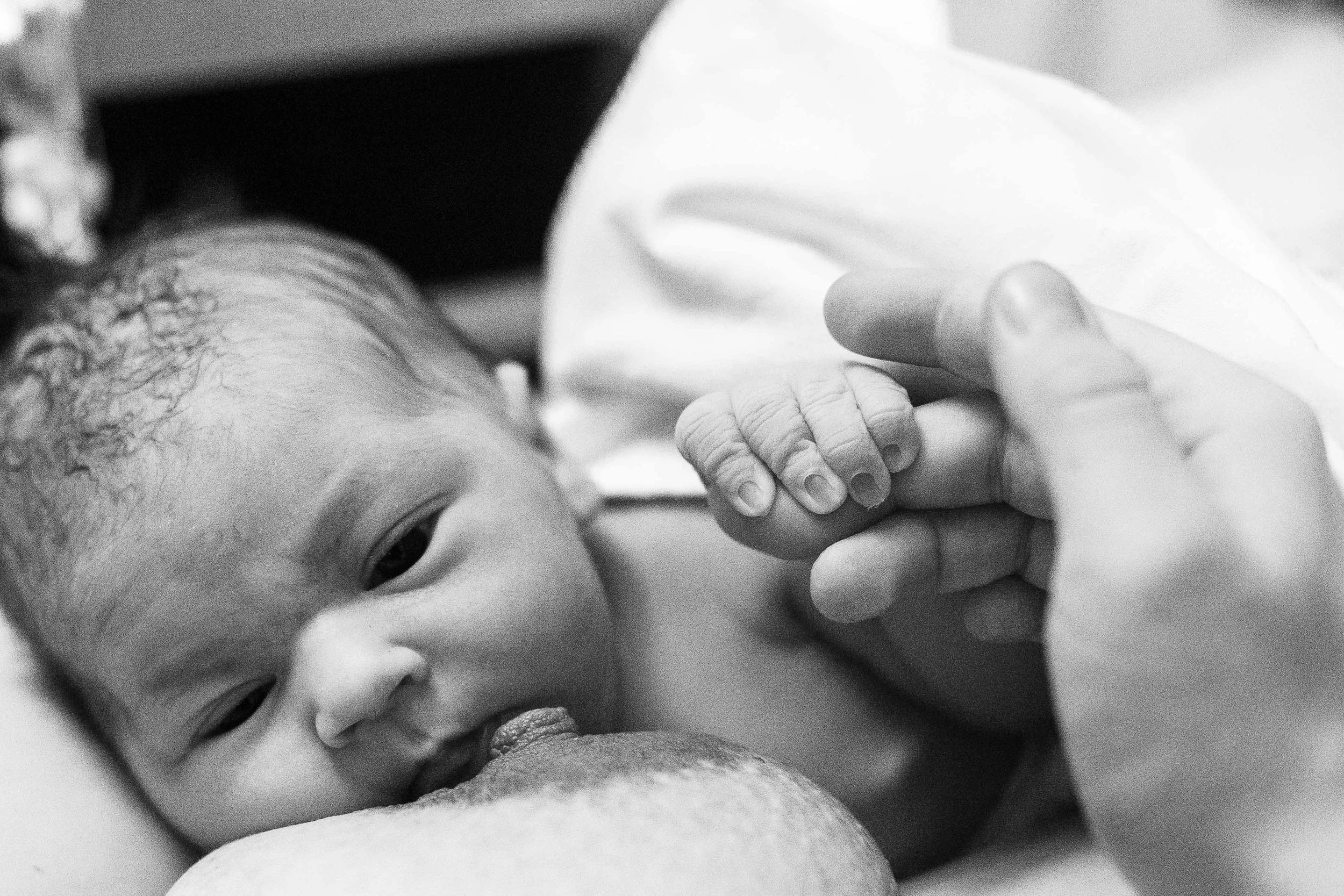 Close-up black and white photo of a baby breastfeeding, hand holding the baby's head gently, baby has big eyes and curly hair.