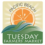 Logo of Pacific Beach Tuesday Farmers Market featuring an orange and green color scheme with a stylized orange slice, ocean waves, and market text.